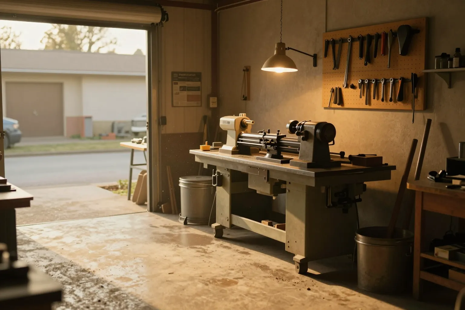 A small workshop with a lathe on the bench and tools hung on a pegboard, low evening sun through the open roller door.