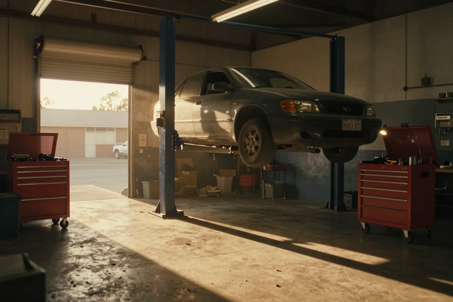 A car raised on a two post lift in a quiet repair bay, low evening sun coming through the open roller door.