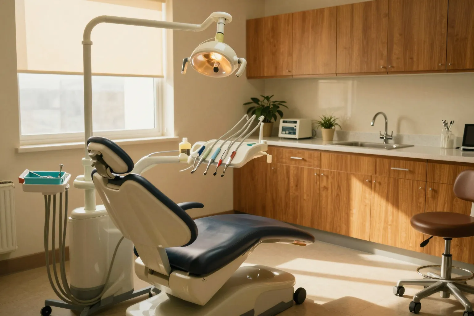 A dental treatment room with warm oak cabinets and a plant on the counter, lit by late afternoon sun through the blind.