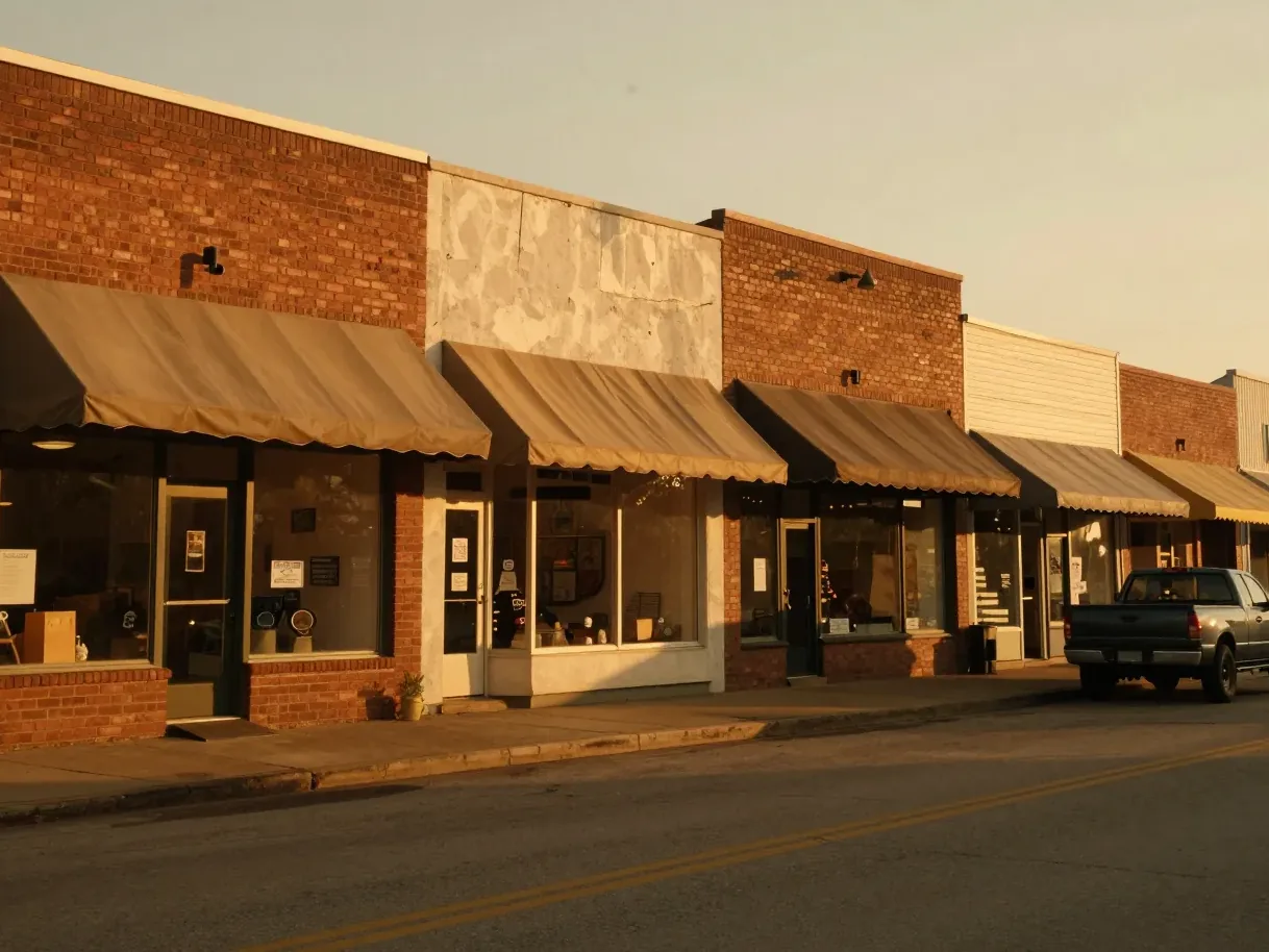 A row of small brick and painted storefronts on an American main street at golden hour, awnings out over lit windows and a pickup truck parked at the kerb.