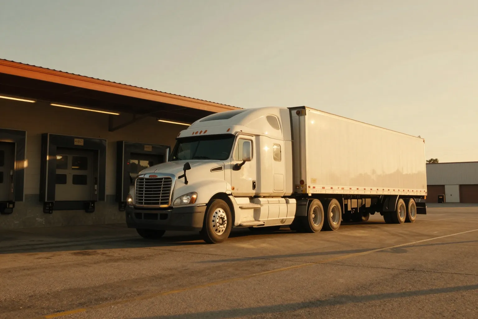 A semi truck and trailer parked beside a loading dock in low golden evening sunlight.